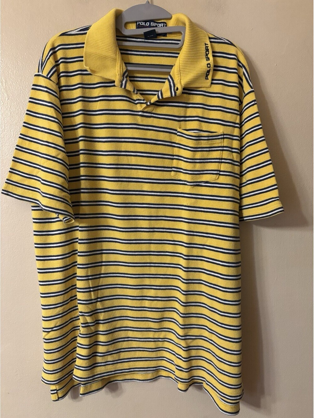 Vintage Polo Sport Ralph Lauren Yellow Blue Striped Short Sleeve Polo Shirt XL